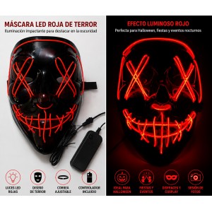 Máscara LED Luminosa para Halloween con Diseño de Terror- Por mayoreo 