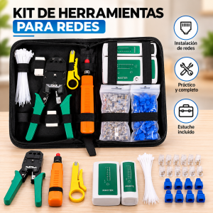 Kit para instalación de redes con ponchadora, pelacables, probador de cables, conectores y estuche organizador. Ideal para técnicos e instaladores. Venta por mayoreo.