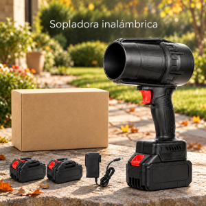 Sopladora de aire portátil con 2 baterías, cargador y caja. Diseño inalámbrico con empuñadura tipo pistola. Disponible por mayoreo.