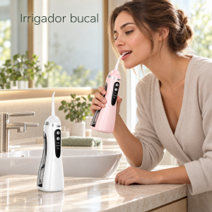 Irrigador bucal portátil con depósito lateral, boquilla curva y modos Pulse, Normal y Soft. Presentado en blanco y rosa. Venta por mayoreo.