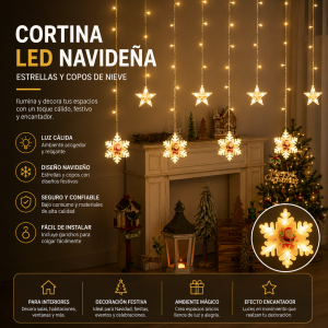 Compra cortina LED navideña con estrellas y copos de nieve por mayoreo. Ideal para decorar ventanas, paredes, salas, habitaciones, Navidad, fiestas y eventos.