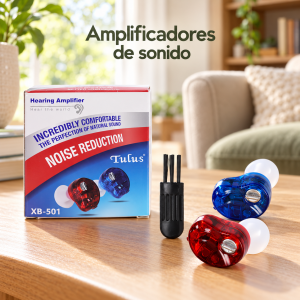 Amplificador de sonido intraauricular Tulus XB-501 con carcasa translúcida y control de ajuste exterior. Consulta presentación para compra por mayoreo.