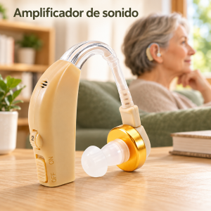 Amplificador de sonido beige para colocación detrás de la oreja, con ajuste de volumen, interruptor y tubo transparente. Disponible por mayoreo.
