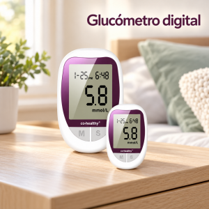 Glucómetro digital Co-Healthy con pantalla LCD, lectura en mmol/L y botones M y S. Diseño compacto en blanco y morado. Venta por mayoreo.