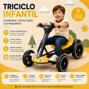 Triciclo infantil amarillo con luces, sonido, asiento cómodo y ruedas grandes. Ideal para paseos, juegos infantiles y regalos para niños pequeños.