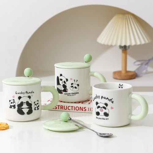 Taza para beber con marca de cerámica de Panda bonito de dibujos animados para niños y niñas, recuerdo creativo con tapa y cuchara MZ-8119-1