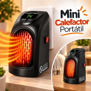 Mini calefactor portátil con pantalla digital y diseño compacto. Su formato reducido facilita colocarlo directamente en una conexión de pared para brindar calor en espacios interiores.