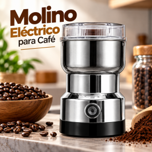 Molino eléctrico para café con diseño compacto, ideal para moler granos de café de forma práctica en casa.