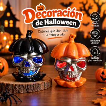 Figura decorativa de Halloween con diseño de calavera y detalles tipo calabaza, ideal para ambientar hogares, negocios, fiestas temáticas, altares decorativos, vitrinas o espacios interiores durante la temporada.