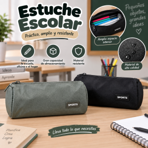 Estuche escolar tipo lapicera con diseño cilíndrico, ideal para guardar lápices, plumas, marcadores, colores, borradores y otros accesorios pequeños.
