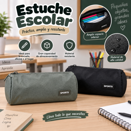 Estuche escolar tipo lapicera con diseño cilíndrico, ideal para guardar lápices, plumas, marcadores, colores, borradores y otros accesorios pequeños.
