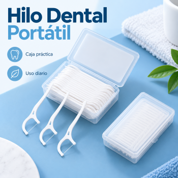 Hilo dental en formato individual con caja plástica portátil. Su presentación compacta permite llevarlo fácilmente en bolso, mochila, baño, oficina o kit de higiene personal.