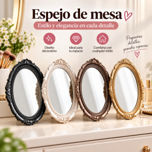 Espejo de mesa con diseño ovalado y marco decorativo estilo vintage, ideal para tocador, recámara, baño, maquillaje, cuidado personal o decoración del hogar