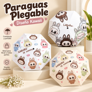 Paraguas plegable con estampado estilo kawaii de personajes tiernos y colores suaves. Su diseño compacto lo hace práctico para llevar en bolso, mochila o automóvil.
