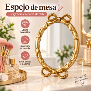 Espejo de mesa con diseño ovalado y marco dorado decorativo con detalles tipo moño, ideal para tocador, recámara, baño, maquillaje, cuidado personal o decoración del hogar.