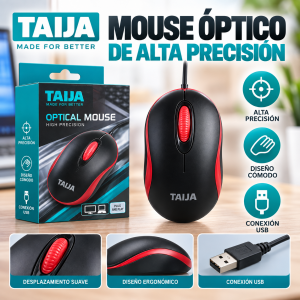 Mouse óptico alámbrico USB diseñado para brindar un manejo práctico en actividades cotidianas de computadora.