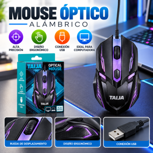 Mouse óptico alámbrico USB con diseño ergonómico y moderno, pensado para facilitar la navegación y el uso cotidiano en computadoras y laptops compatibles.