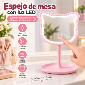 espejo de mesa, espejo con luz led, espejo led gatito, espejo para maquillaje, espejo táctil, espejo con brillo ajustable, espejo para tocador, espejo rosa, espejo juvenil, espejo decorativo, accesorios de belleza por mayoreo