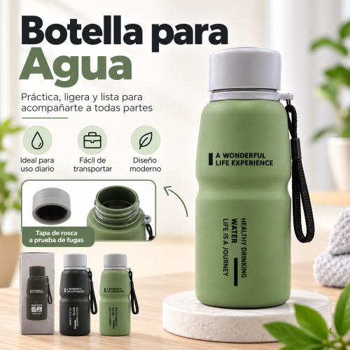 Botella para agua de diseño moderno, práctica para uso diario, escuela, oficina, gimnasio o paseo. Cuenta con tapa de rosca y correa lateral para facilitar su transporte.