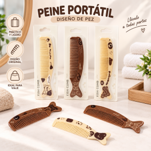 Peine portátil con diseño en forma de pez, ligero y práctico para llevar en bolsa, mochila o cosmetiquera. Ideal para uso diario, viajes, escuela, oficina o como accesorio personal.