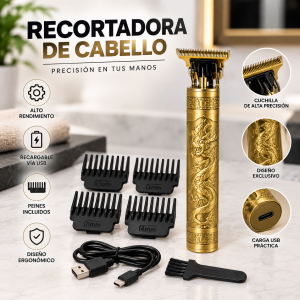 Recortadora de cabello recargable con diseño dorado, cuchilla de precisión y accesorios incluidos. Práctica para cortes, delineados y retoques de barba o cabello.
