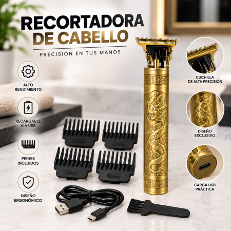 Recortadora de cabello recargable con diseño dorado, cuchilla de precisión y accesorios incluidos. Práctica para cortes, delineados y retoques de barba o cabello.