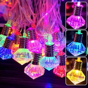 Serie de luces LED decorativas multicolor con focos tipo diamante, ideal para ambientar fiestas, habitaciones, terrazas, escaparates, eventos y espacios decorativos