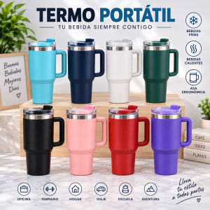 Termo portátil con asa lateral, tapa transparente con abertura deslizable y diseño moderno en colores variados.