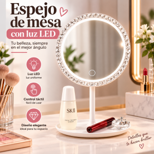 Espejo redondo de mesa con luz LED integrada, ideal para maquillaje, cuidado facial, tocador, recámara o baño. Cuenta con control táctil para un uso práctico y una base estable que permite colocarlo fácilmente sobre superficies planas.