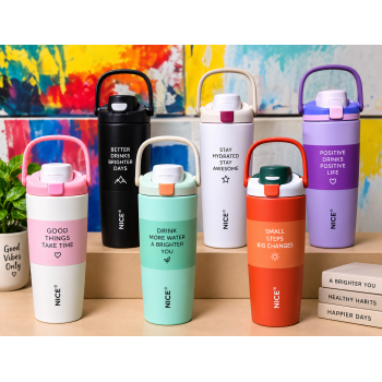Termo portátil con diseño moderno, asa superior para fácil transporte y tapa práctica. Ideal para llevar bebidas al trabajo, escuela, gimnasio, viajes o uso diario.
