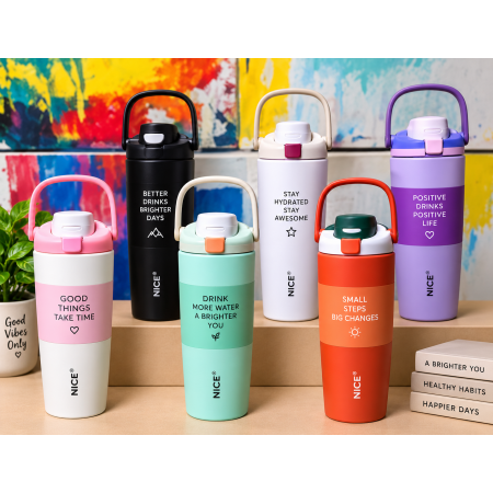 Termo portátil con diseño moderno, asa superior para fácil transporte y tapa práctica. Ideal para llevar bebidas al trabajo, escuela, gimnasio, viajes o uso diario.