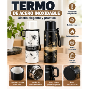 Termo de acero inoxidable con diseño decorativo, asa y tapa que funciona como vaso, ideal para transportar bebidas frías o calientes de forma práctica.