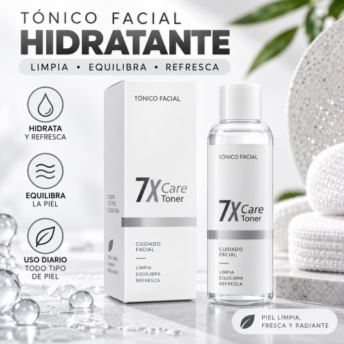 Tónico facial cosmético de uso diario, ideal para complementar rutinas de cuidado de la piel.