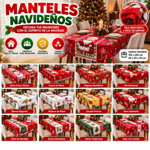 Mantel navideño decorativo con diseños festivos, ideal para vestir mesas durante cenas, reuniones, posadas y celebraciones decembrinas.