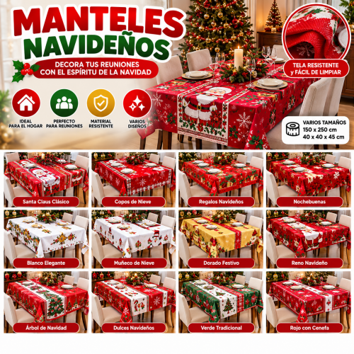 Mantel navideño decorativo con diseños festivos, ideal para vestir mesas durante cenas, reuniones, posadas y celebraciones decembrinas.