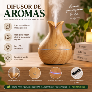 Crea un ambiente más agradable con este difusor de aromas con diseño tipo madera, ideal para complementar espacios del hogar, oficina, habitación o área de trabajo.
