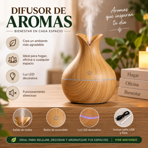 Crea un ambiente más agradable con este difusor de aromas con diseño tipo madera, ideal para complementar espacios del hogar, oficina, habitación o área de trabajo.