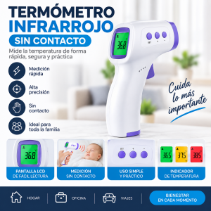 Termómetro infrarrojo digital de diseño portátil, pensado para realizar mediciones de temperatura sin contacto directo.