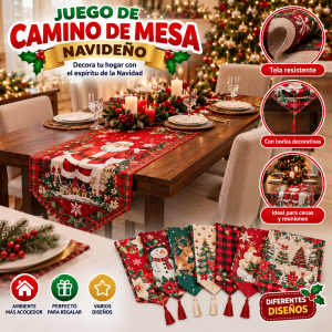 Camino de mesa navideño decorativo con diseños festivos, ideal para decorar comedores, mesas de centro, recibidores, restaurantes, cafeterías, hoteles, posadas y espacios del hogar durante la temporada decembrina.