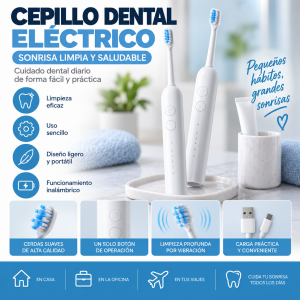 Cepillo dental eléctrico de diseño moderno, compacto y ergonómico, ideal para complementar la rutina diaria de higiene bucal.