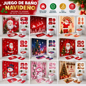 juego de baño navideño, juego de baño navidad, decoración navideña para baño, set de baño navideño, cortina de baño navideña, tapete de baño navideño, funda para taza navideña, accesorios navideños para baño