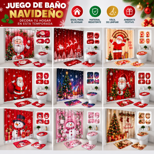 juego de baño navideño, juego de baño navidad, decoración navideña para baño, set de baño navideño, cortina de baño navideña, tapete de baño navideño, funda para taza navideña, accesorios navideños para baño