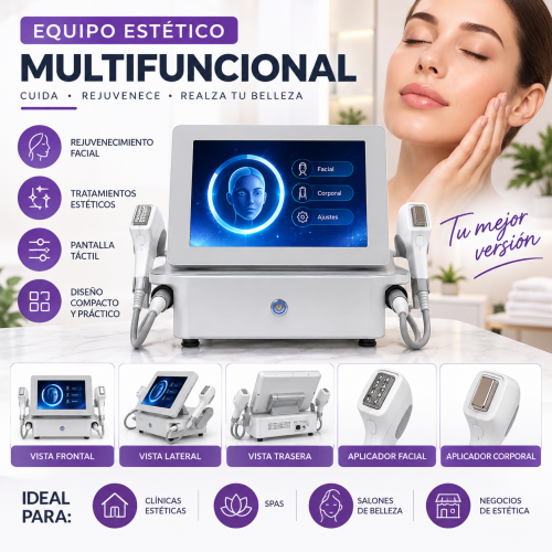 Equipo estético multifuncional de diseño compacto con pantalla digital y aplicadores laterales. Ideal para negocios de belleza, spas, clínicas estéticas y salones profesionales que buscan incorporar aparatología estética práctica y moderna. Equipo estético multifuncional de diseño compacto con pantalla digital y aplicadores laterales. Ideal para negocios de belleza, spas, clínicas estéticas y salones profesionales que buscan incorporar aparatología estética práctica y moderna.