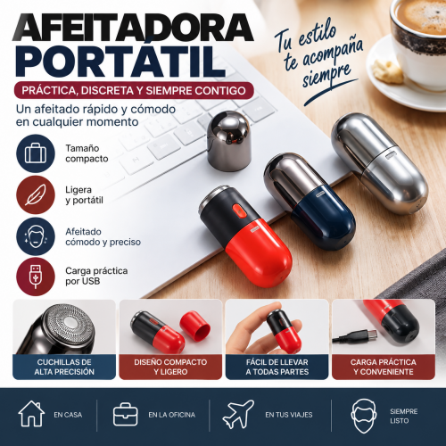 Mini afeitadora eléctrica portátil de diseño compacto tipo cápsula, ideal para complementar la rutina de cuidado personal y realizar retoques de afeitado de manera práctica.