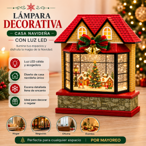 ecora tus espacios con esta lámpara decorativa navideña tipo casa con luz LED, diseñada con una atractiva escena festiva en su interior