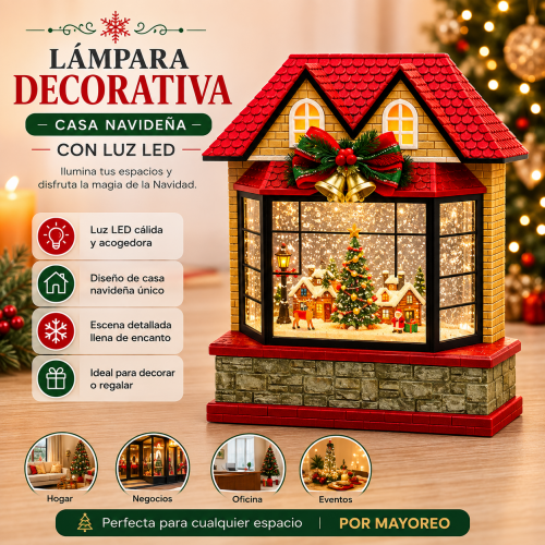 ecora tus espacios con esta lámpara decorativa navideña tipo casa con luz LED, diseñada con una atractiva escena festiva en su interior