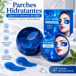 Parches para el contorno de ojos con textura tipo gel, ideales para complementar la rutina de cuidado facial.