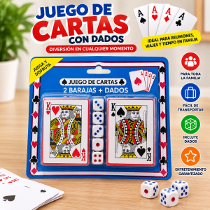 Juego de cartas con dados, ideal para reuniones, viajes, fiestas, actividades familiares y momentos de entretenimiento.