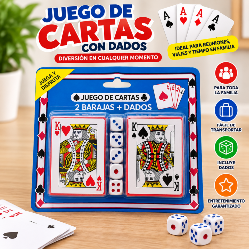 Juego de cartas con dados, ideal para reuniones, viajes, fiestas, actividades familiares y momentos de entretenimiento.