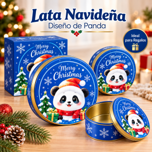 Lata metálica decorativa con diseño navideño de panda, ideal para regalo, empaque de dulces, detalles de temporada o presentación de productos pequeños.